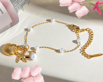 Gold Shell Starfish Charm Bracelet, Pearl Chain