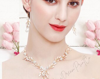 Bridal Leaf Jewelry Set, Wedding Necklace and Drop Earrings