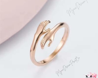 Sterling Silver Hands Hug Ring, Adjustable Love Ring, adorable gift