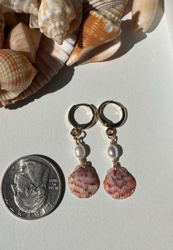 Dainty Scallop Shell and Pearl Earrings, 18k Gold Plated, Natural Freshwater Pearls, Handmade