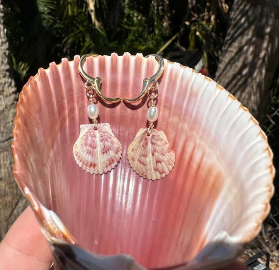 Dainty Shell and Pearl Earrings, 18k Gold Plated, Handmade