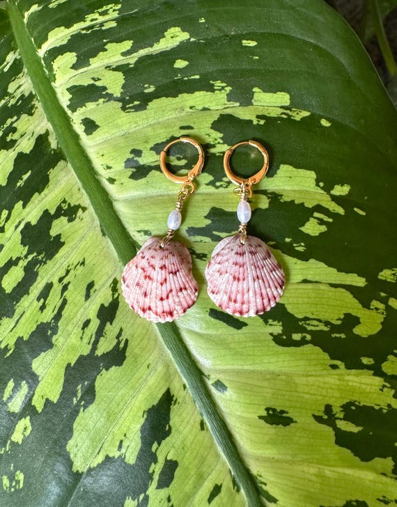 Shell and Pearl Earrings, 18k Gold Plated Hoops, Handmade