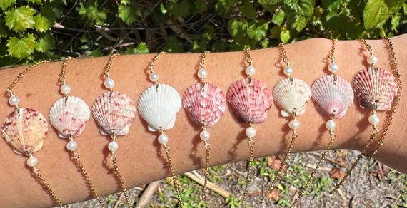 shell and pearl bracelet, 18k gold filled chain, handmade, handpicked shells