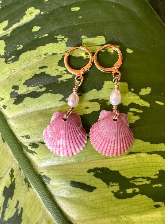 Dainty Shell and Pearl Earrings, 18k Gold Plated Hoops, Handmade