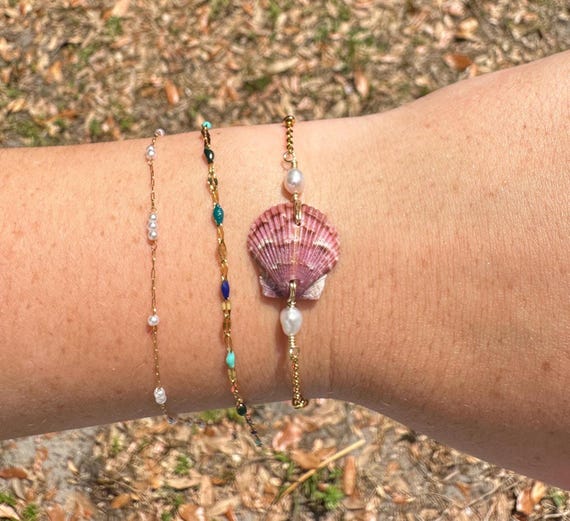 Shell and Pearl Bracelet Stack, 18k Gold Plated, handmade