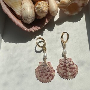 Shell and Pearl Earrings, Gold Plated Hoops, Natural shells, Wire Wrapped
