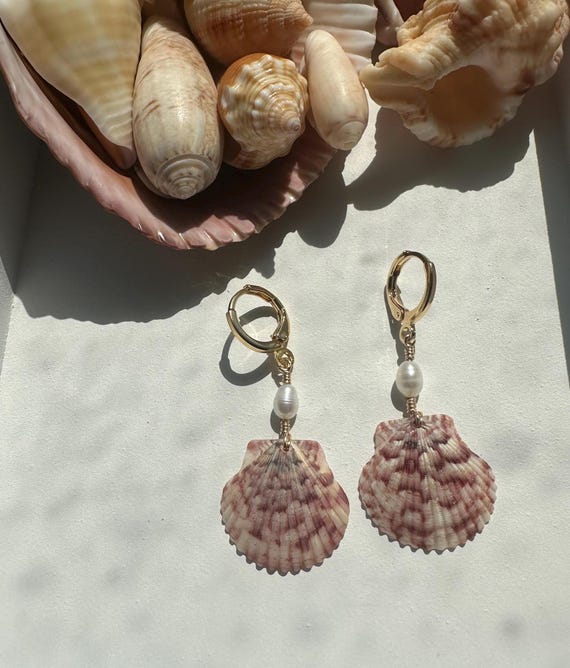 Shell and Pearl Earrings, Gold Plated Hoops, Natural shells, Wire Wrapped
