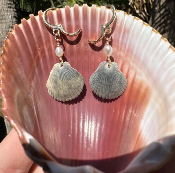 Shell and Pearl Earrings, 18k Gold Plated, Handmade