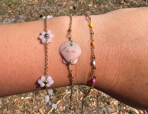 Shell Bracelet Stack, 18k Gold Plated, Handmade