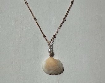 Shell and Pearl Necklace, 18k Gold Plated No Tarnish chain, 16 inch