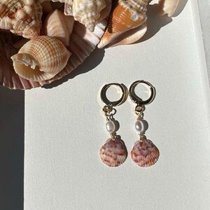 Dainty Scallop Shell and Pearl Earrings, 18k Gold Plated, Natural Freshwater Pearls, Handmade