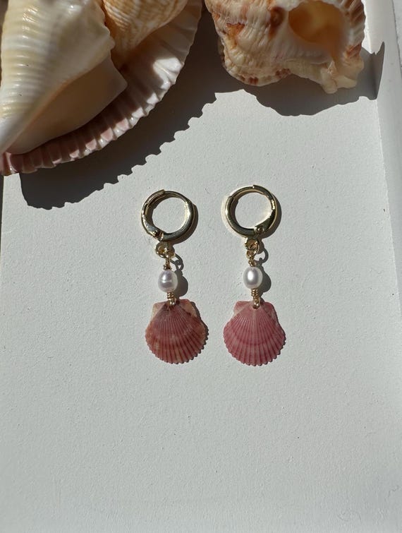 Dainty Shell and Pearl Earrings, 18k Gold Plated, Handmade