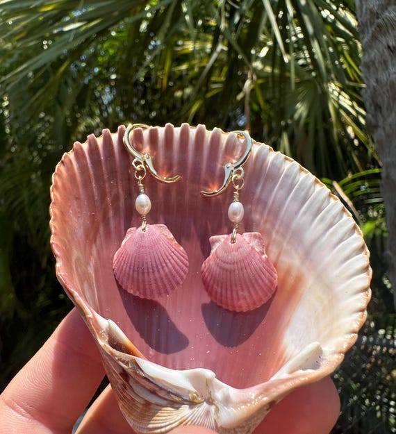 Shell and Pearl Earrings, 18k gold plated, natural freshwater pearls