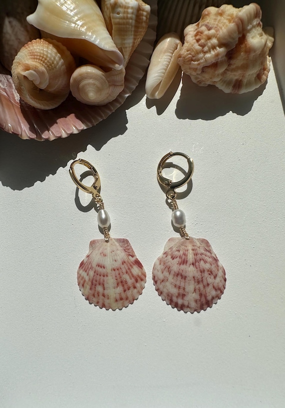 Shell and Pearl Earrings, Wire Wrapped, 18k Gold Plated, Handmade