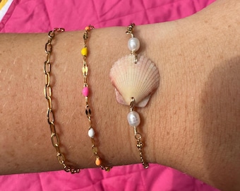 Shell and Pearl Bracelet Stack, 18k Gold Plated, handmade