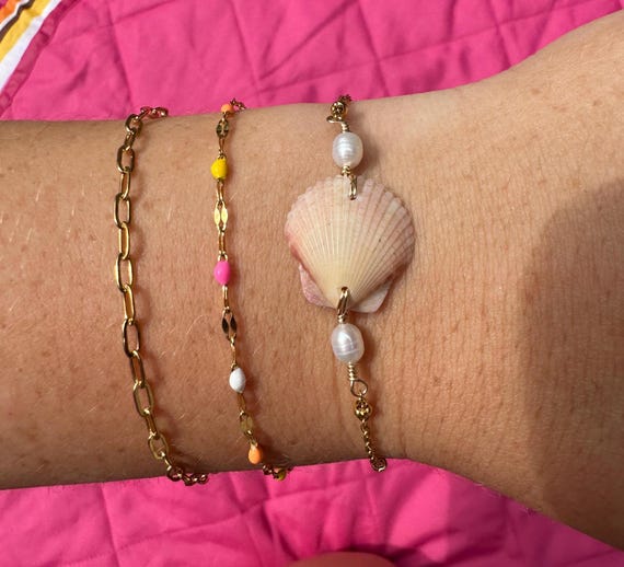 Shell and Pearl Bracelet Stack, 18k Gold Plated, handmade