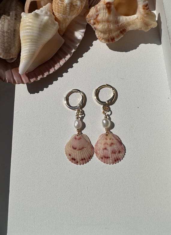 Dainty Shell and Pearl Earrings, 18k Gold Plated, Handmade