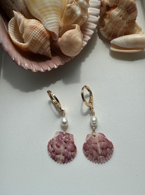 Dainty Shell and Pearl Earrings, Wire Wrapped, Handmade