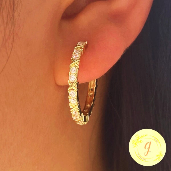 18k Gold CZ Circle Hoop Earrings, Dainty 4 Prongs CZ Conch Ear Cuff Earrings, Luxury Wedding Party Women's Jewelry Gift for Girlfriend