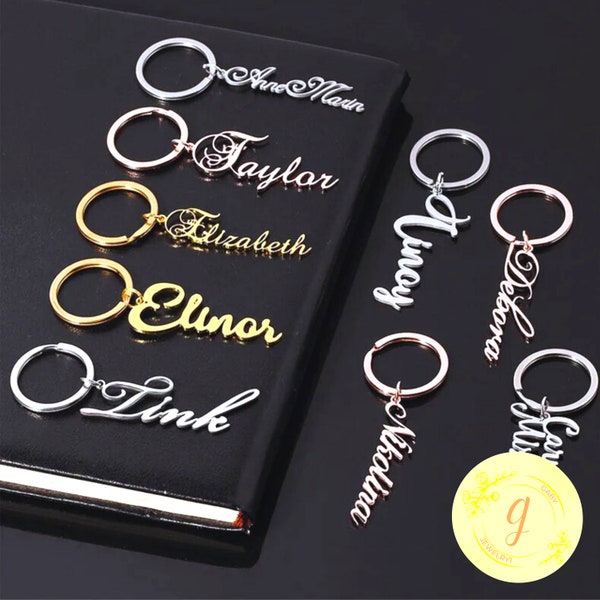 20 Font Styles 18k Customized Keychain Name Personalized Letter, Silver Rose Gold Keychain Gift for her him mom, Personalized name Keychain