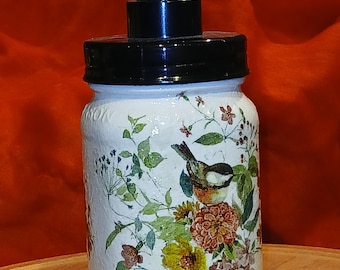 Chickadee floral mason jar liquid soap or lotion dispenser.