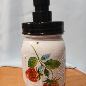 Rustic Farmhouse fruit inspired mason jar soap or lotion dispenser. These mason jars have been painted and decoupaged with fruit images.
