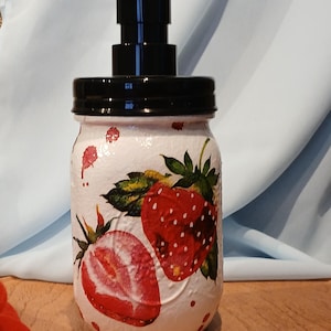 Strawberry Farmhouse style mason jar soap dispenser. Decorative and functional, a perfect housewarming or Mother&#39;s Day gift.