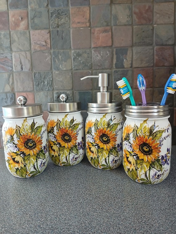 Sunflower Decoupage Mason Jar Bathroom Set, Farmhouse Decor - Etsy