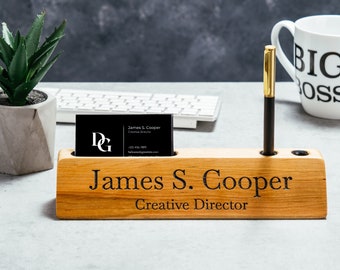 Desk Name Plate with Custom Sign Personalized Wood Office Gift. Business Card Holder Slot and space for pens. Unique on the Market.