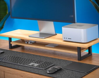 Dual Monitor Stand and Monitor Riser, Wood Monitor Stand from Solid Wood Oak and Alder with Shelf,  Desk Accessories