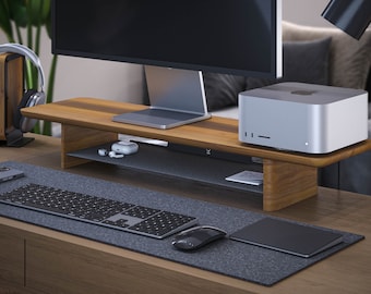 Smoothed Solid Monitor Stand from Wood with Metal Shelf - Dual Monitor Stand - Office organization - Home office stand