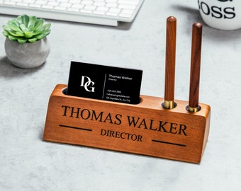 Wood Bussines Card Holder Pen stand Desk Sign Office Decor Custom Executive. New Desk Name Plate Fathers Day Gift