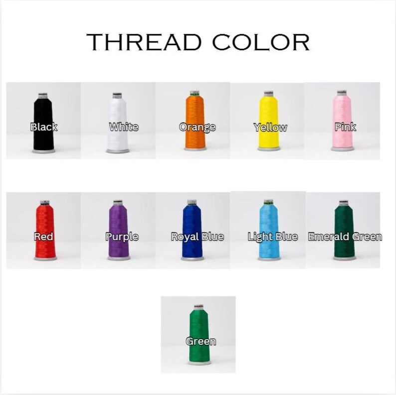 May include: A chart showing 11 different colors of thread spools. The colors are black, white, orange, yellow, pink, red, purple, royal blue, light blue, emerald green, and green.
