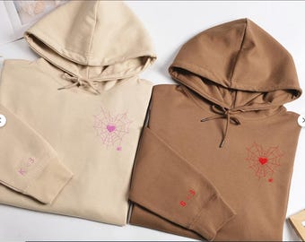 Spooky Couple Sweatshirts, Spiderweb heart embroidery Shirt, Matching couple hoodies, Halloween embroidered sweaters