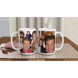Taza de regalo de David Hasselhoff, divertida, cara, foto policial, Night rider, Baywatch, Bob Esponja, collage de imágenes de caras, taza de cerámica de 15 oz