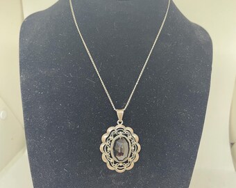 Art Deco Garnet Silver Pendant Necklace, 835 Silver Chain