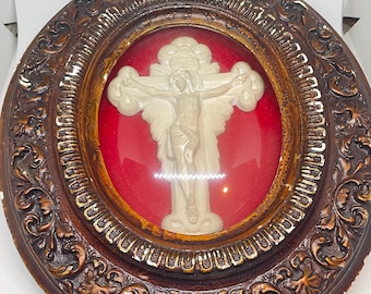 Antique 19th century Relicary of Christ painted plaster frame