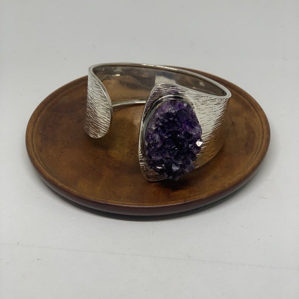 Vintage silver with amethyst crystal cuff bracelet. handmade one of a kind