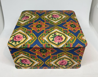 May include: A vintage rectangular box with a hinged lid. The box is covered in a blue fabric with a repeating pattern of pink roses, yellow diamonds, and green and red accents. The box is likely used for storage.