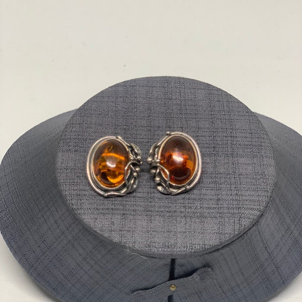 vintage sterling silver Baltic amber clip on earrings