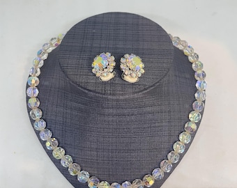 Vintage  Aurora Borealis Glass Necklace and Clip On Earrings Set