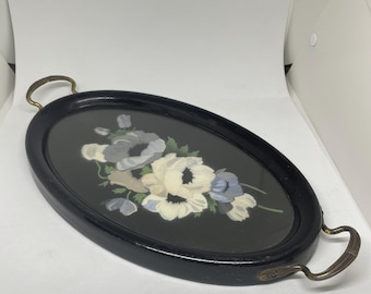 Antique Hand Painted Floral Vanity Tray, Wood & Glass