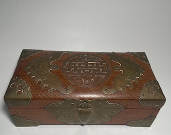 Antique brass and wooden Chinese jewelry box