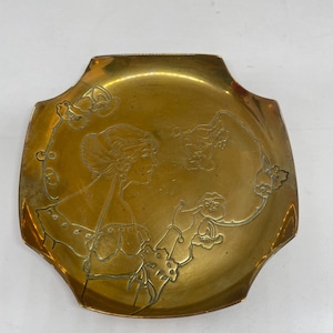 1920’s etched art nouveau brass pin trinket jewelry tray