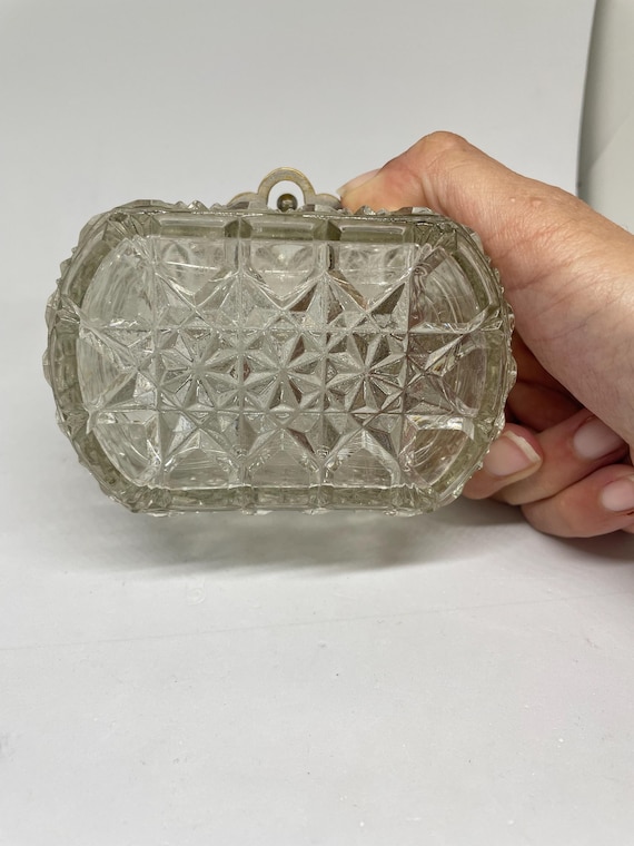 Antique pressed glass metal hinge jewelry box trinket box