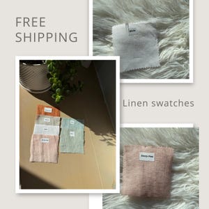 Puede incluir: Muestras de tela de lino en varios colores, incluyendo blanco, rosa empolvado y azul claro. Cada muestra tiene una pequeña etiqueta con el nombre del color. La imagen también incluye una planta en maceta y el texto "Linen swatches."