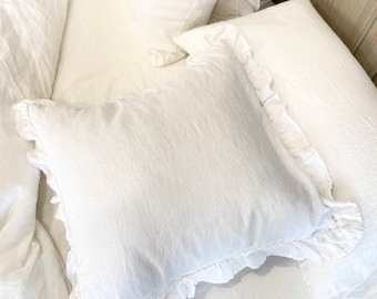 Ruffled Linen Euro Sham: Organic Flax Pillow Case, Shabby Chic Throw Cover