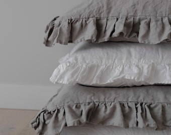 Ruffled Linen Euro Sham Cover: 26x26 White/Grey Organic Pillow Cover
