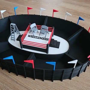 Könnte beinhalten: Ein schwarz-weißer Wrestling-Ring mit roten Seilen und einer Leiter. Der Ring ist von einem schwarzen Stadion mit weißen, roten und blauen Flaggen umgeben.