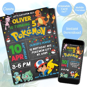 May include: A printable Pokemon-themed birthday invitation for a 5-year-old boy named Oliver. The invitation features a chalkboard background with colourful stars, a Pokemon character, and the text "Let's Catch'em All! Oliver is turning 5 Pokemon". The invitation also includes the date, time, and location of the party.